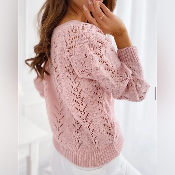 Women’s Pink Chevron Lace Knit V-Neck Sweater - Picture 3 of 5